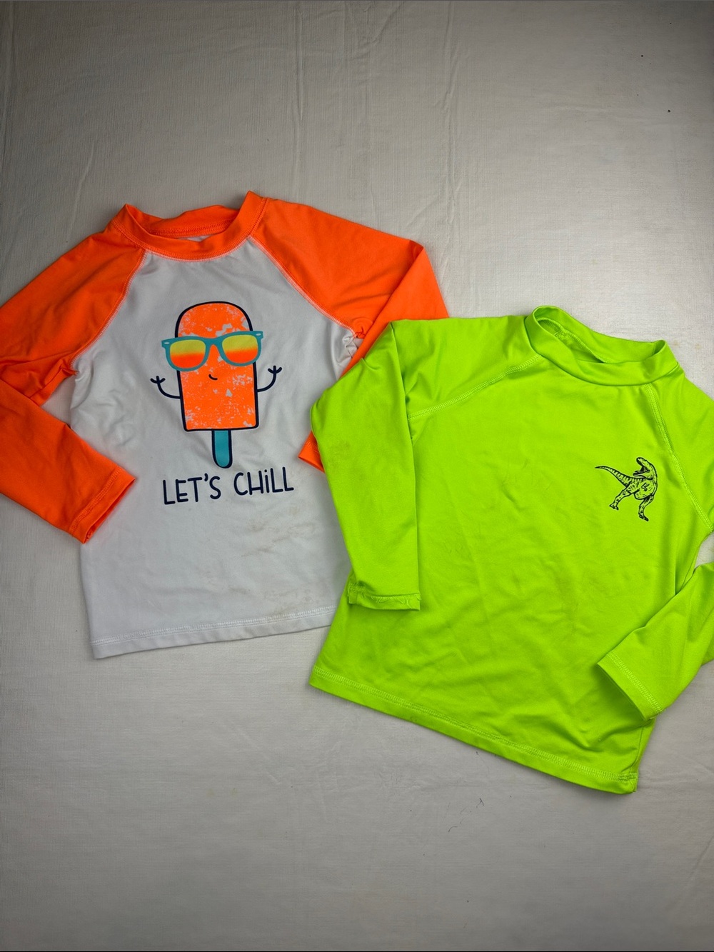 Cat & Jack Rashguard Bundle Orange Popsicle Neon Lime Green Dinosaur Size